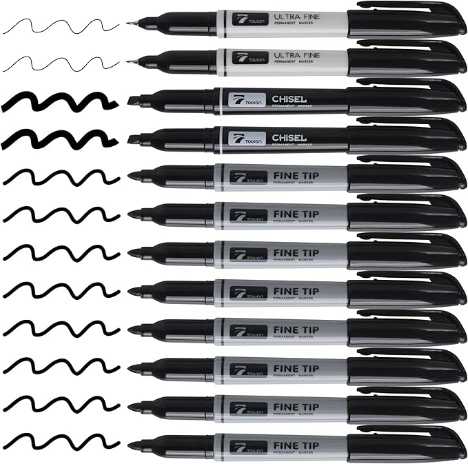 TOWON 12 Black Permanent Markers with Portable Bag - Waterproof Quick Drying Pens Set 8 Fine Tip, 2 Ultra Fine, 2 Chisel Tip Office Home School Supplies for Adults Writing Doodling Marking