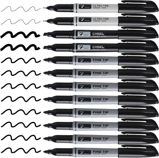 TOWON 12 Black Permanent Markers with Portable Bag - Waterproof Quick Drying Pens Set 8 Fine Tip, 2 Ultra Fine, 2 Chisel Tip Office Home School Supplies for Adults Writing Doodling Marking