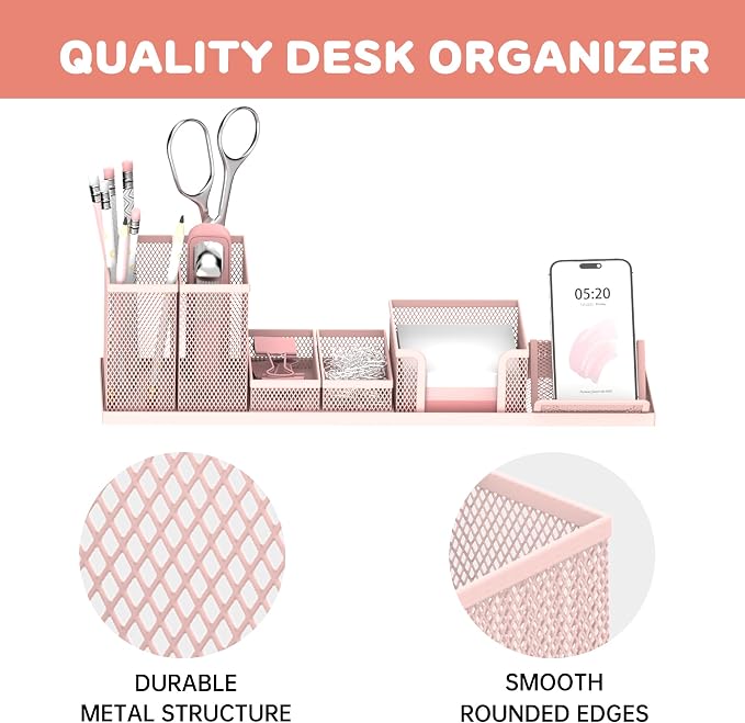 Pen Holder for Desk, 6-Piece Mesh Desk Organizer with Phone Holder, Pink | 6-Piece Black Mesh Desk Set Includes Pen Cups, a Sticky Note Caddy and Phone Holder for Office, School, Home