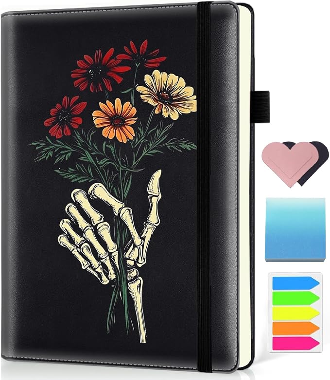 Hardcover Executive Notebooks, A5 PU Leather Lined Journal Notebook, 200 Pages Thick Paper Subject Notebooks for School,Work,Home Writing Business Notebook, Diary Book ，Hand Bones Holding Flowers