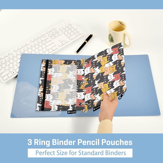 Binder Pencil Pouches, Fat Cute Cats Pattern Pencil Case with Clear Window 3 Rings Pen Case Holder Office Supplies