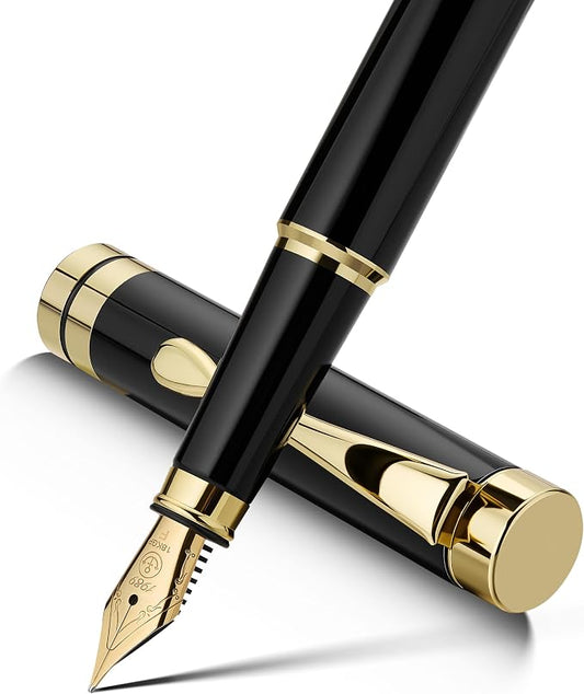 MCNTEIK Fountain Pen-Luxury Black and Gold Finish, 18K Gilded Nib(Fine), Smooth Ink Flow, Complete Set with 4 Black Ink Cartridges, Converter & Gift Box-Ideal for Professionals, Office, Journaling