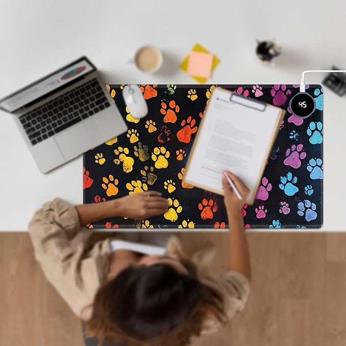 Heated Desk Pad Large Mouse Pad 23.6 x 14.1 inch with 3 Levels Heating & Auto Shut-Off Warm Mouse pad PU Leather Computer Mousepad for Home Office Work - Colorful Dog Paw