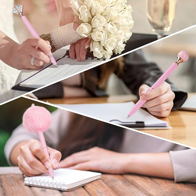 WEMATE 8Pcs Pink Pens, Metal Crystal Diamond Pens with Black & Blue Ink | Fancy Pens for Journaling, Office & Gift Supplies for Women Girls, Birthday and Back to School