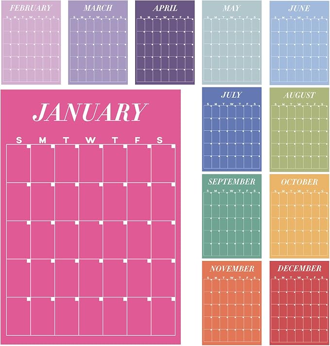 Fullhawl 2026-2027 Colorful Large Wall Calendar 12‘'x16‘'morandi Undated New Year Blank Planner Dry Ease Reusable Yearly Calendar 12 Month Annual Erasable Planner for Office Home Classroom
