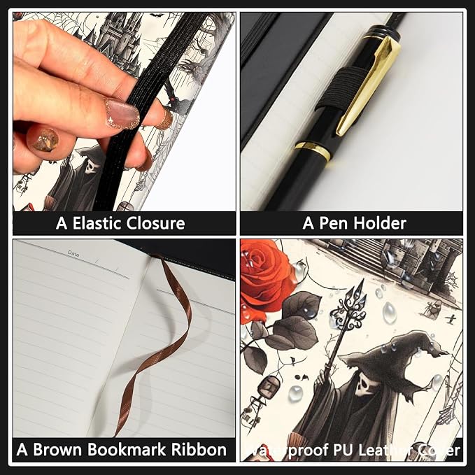 A5 Leather Lined Journal Notebook, 200 Pages Hardcover Executive Notebook for Men Women Office School Note Taking, Thick Writing Paper Daily Journal with Bookmarks/Indexes, Halloween Castle