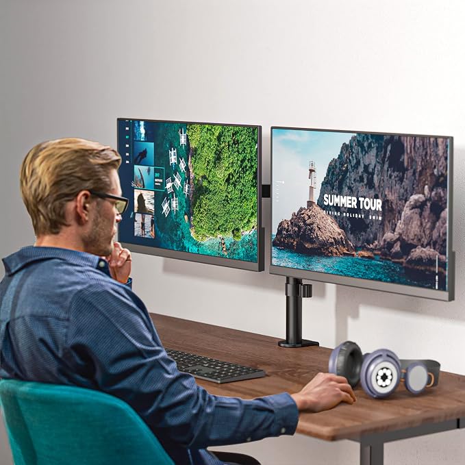 WALI Articulating Dual Monitor Stand for 13-27 inch Screens, 22 lbs per Arm | 2 Monitor Desk Mount, Full Motion with Tilt, Swivel, Rotation, C-Clamp & Grommet Base, VESA 75/100mm (M002), Black