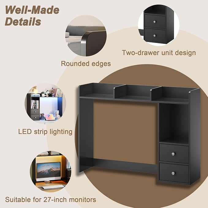 ChooChoo Desktop Bookshelf with LED Lights, 36.6" Dorm Desk Hutch with 4 Shelves and 2 Drawers, Fits 27" Monitor, Desk Organizer Shelf for Dorm Office Home, Black