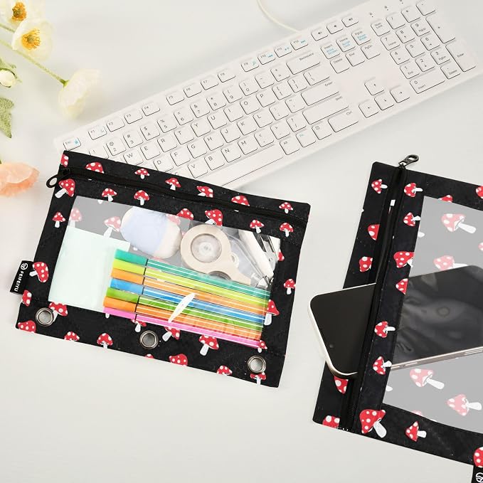 ALAZA Pencil Pouch for 3 Ring Binder, Cartoon Forest Red Mushrooms Binder Pencil Pouches with Clear Window Zipper Pencil Case Cosmetic Bags for Office College Supplies, 2PCS