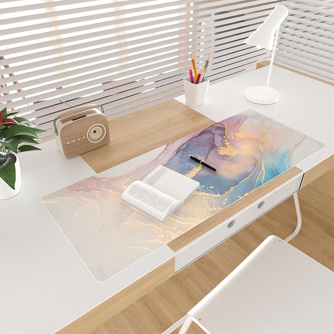 Colorful Star Waterproof Blue Purple Marble Desk Pad, 31.5" x 11.8" | PU Leather Desk Mat Large Keyboard and Gaming Mouse Pads for Office, Non-Slip Writing Pad Desk Accessories for Women Men