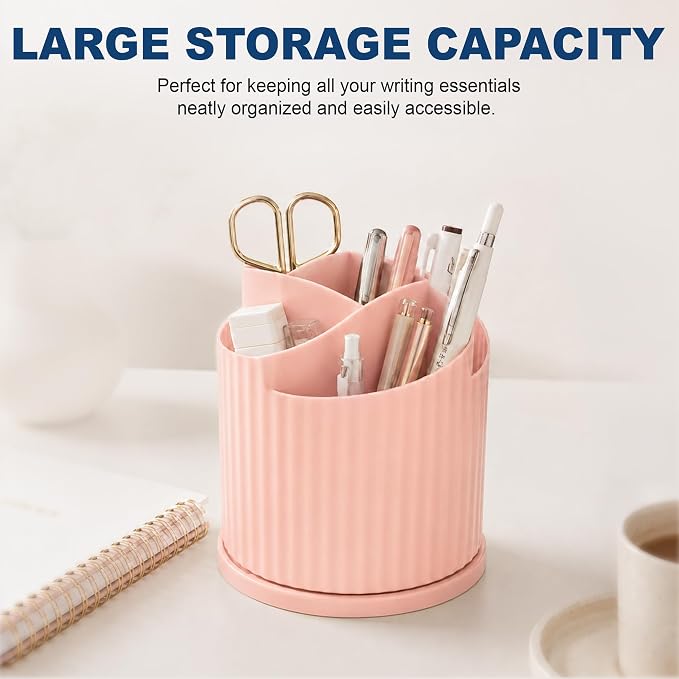 Desk Organizer, 360° Rotating Pen Holder with 5 Compartments, Pink | 5 Compartments, Pencil Cup, Storage Box Caddy, For Kids, Office, School, Home