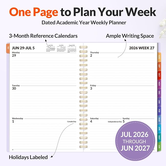 SUNEE Academic Planner 2026-2027 – Weekly & Monthly Planner, July 2026 to June 2027, 6.4"x8.3", Thick Paper, Tabs, Pockets, Bookmark, Spiral-Bound, Student Teacher Organizer, Purple