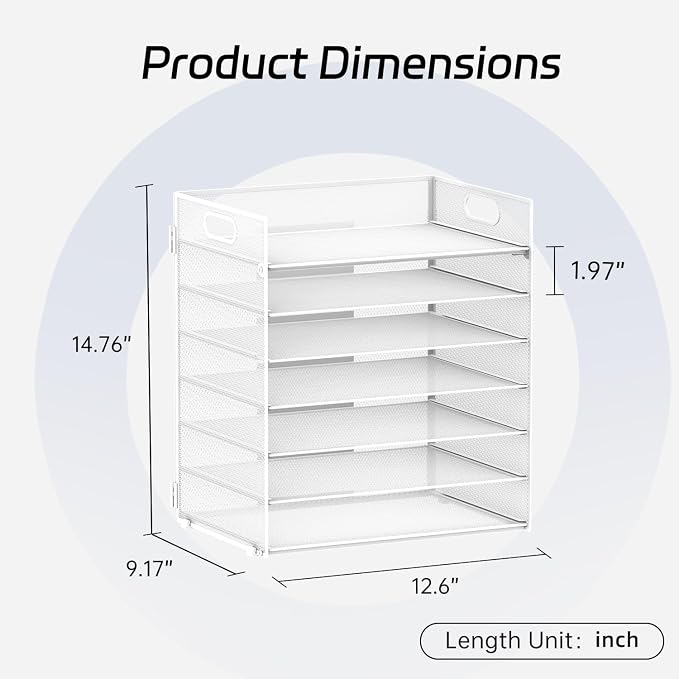 7 Tier Paper Organizer for Desk with Letter Trays & Handle White | Black Desk File Organizer with Handle for Sorting Papers, Files, Folders, Mail, Bills and Office Supplies