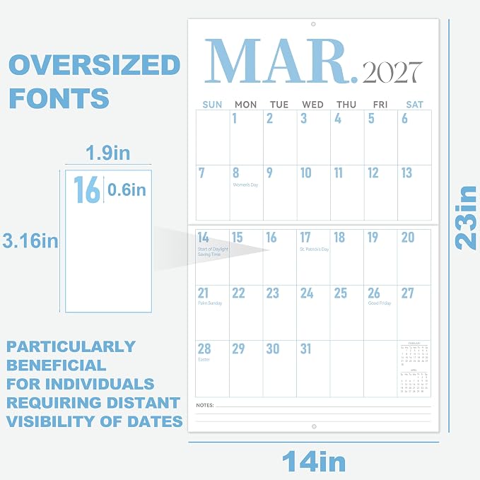 GuassLee Wall Calendar 2026-2027 Large, 23"x14" Vertical Wall Calendar 2026, 13-Month from 2026 Jun to 2027 Jun, Monthly Planner Hanging Calendar with Big Grid Big Numbers for Home Office Organizing