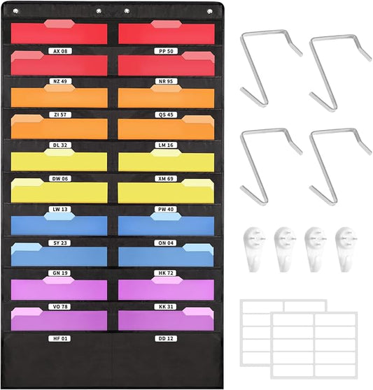 SUNEE 20 Pockets Hanging Wall File Organizer, Black Storage Pocket Chart for File Folder and Paper, Space Saver for Office and Classroom, with Wall Hangers, Over The Door Hooks, Labels