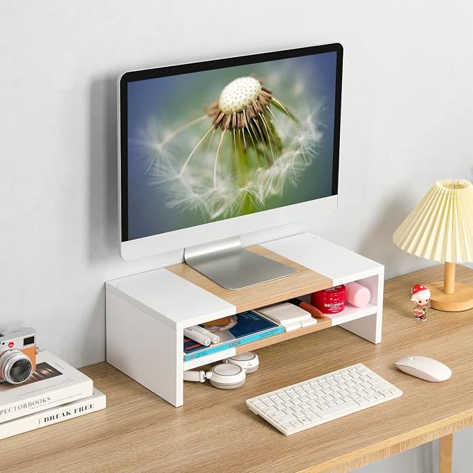 TEAMIX 2 Tiers Desktop Monitor Stand Riser 20 Inch Printer Stand with Storage Small TV Riser Laptop Wooden Desk Organizer Shelf Bookshelf Maple (White+Maple, 2 Tiers) | Laptop/PC/Printer/Keyboard Storage, Ergonomic Design, 15mm thick Sturdy Wood Boards...