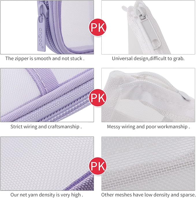 EASTHILL Grid Mesh Pen Pencil Case with Zipper Clear Makeup Color Pouch Cosmetics Bag Multi-Purpose Travel School Teen Girls Transparent Stationary Bag Office Organizer Box for Adluts(Purple)