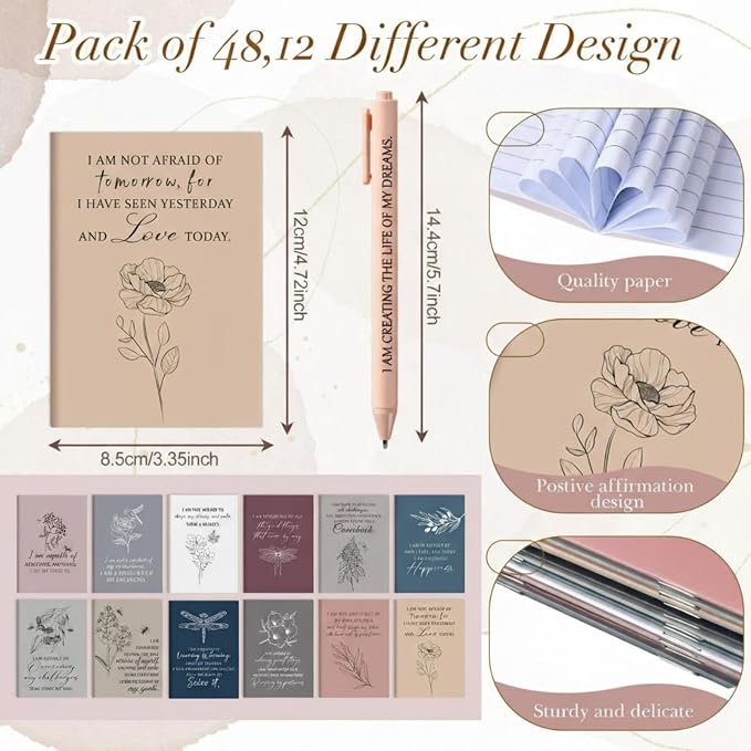 Mooliwe 96 Pcs Positive Affirmation Gift Set Gratitude Notebooks with Pens Small Bags Motivational Encouragement Notepads Daily Affirmations Journal for Women Stress Relief Self Care (Minimalist)