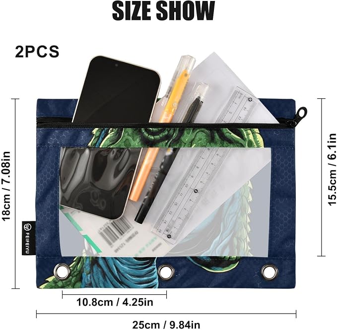 Green Dinosaur Pencil Pouch Fits standard 3-ring binders, Zipper Binder Pencil Bag with Clear Window for Office 2 Pack