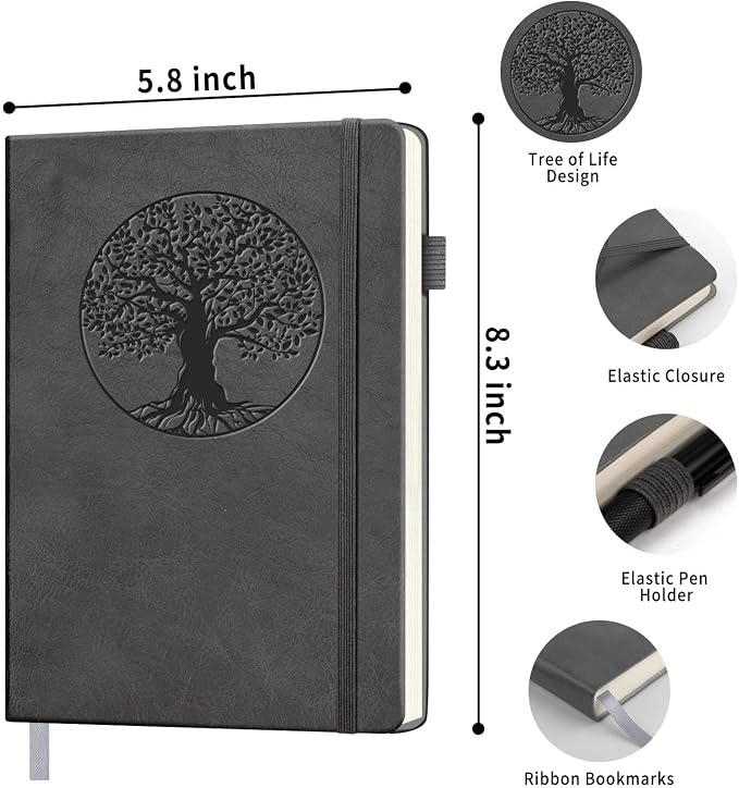 Lined Journal Notebook, A5 Leather Vintage Journals for Writing, 256 Pages College Ruled Notepad for Women Men, Vegan Leather Daily Notebook for Work, School, Travel, Note Taking(Tree of Life, Grey)