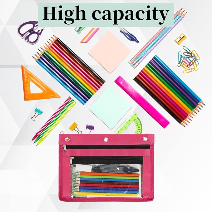 YoeeJob 2 Pack 1 Inch Expandable Zipper Pencil Pouches with Clear Window for 3 Ring Binder, Suitable for School & Office（Rose red）
