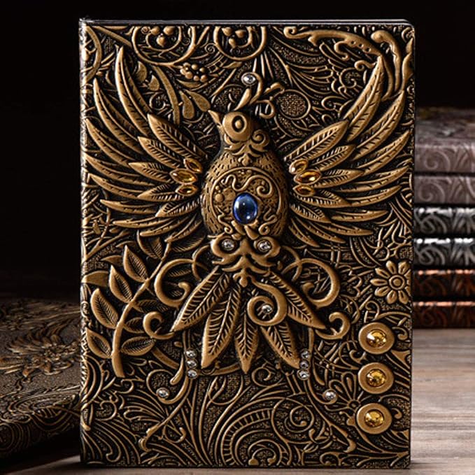 Vintage 3D Phoenix Embossed Leather Writing Journal with Diamond Pen Set,A5,200Pages,Antique Handmade Daily Notepad Sketchbook,Travel Diary&Notebook to Write in,for Women Men