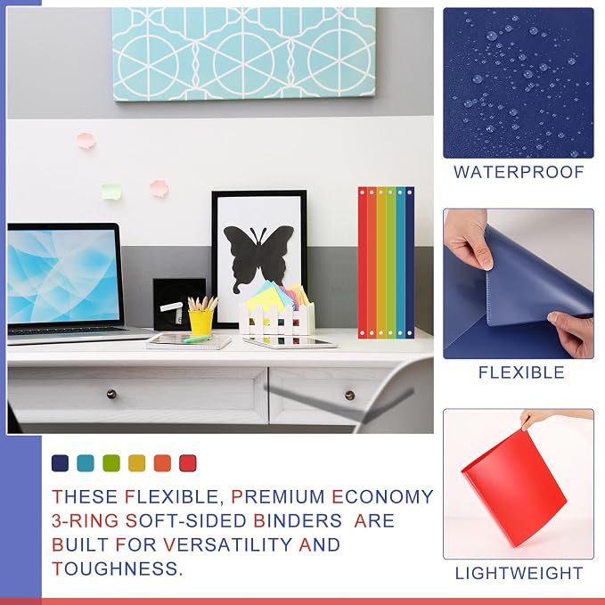 Fulmoon 6 Pack Plastic 3 Ring Binder Assorted Colors Economy Flexible Round Ring Presentation Binders with Pocket for Office School Meeting(0.5 Inch,Rainbow Colors)