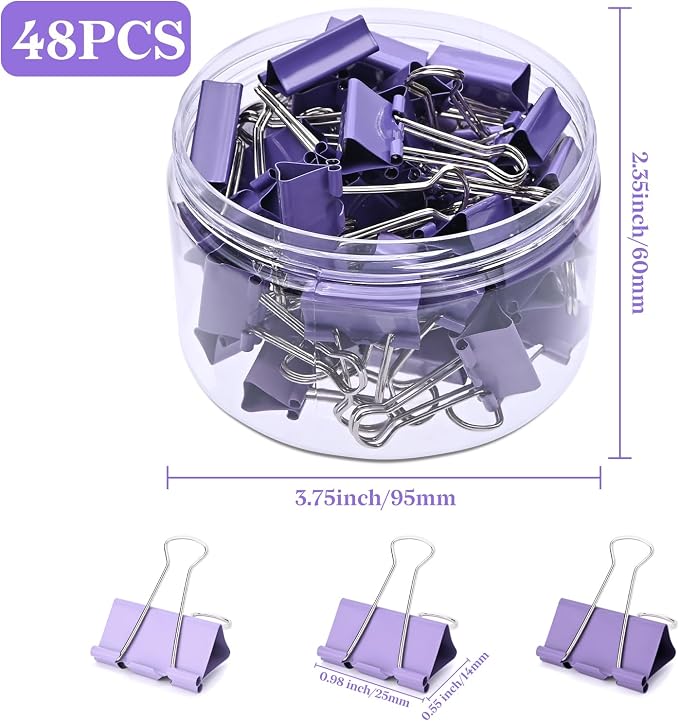 Temiary Aesthetic Binder Clips, Small Metal Binder Clip with Clear Storage Container, Binding Paperwork Clamps for School Teachers Office Supplies (Purple 0.98 Inch, 48P)