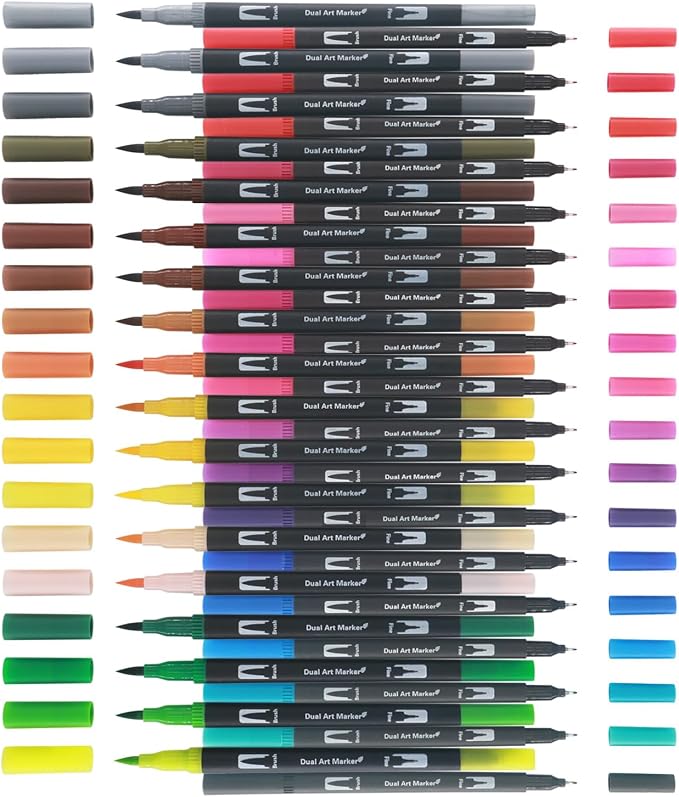 Markers for Adult Coloring Books No Bleeding, Set of 36 Colors, Coloring Pens for Adults, Dual Brush Marker Pens with Fine & Brush Tips, Art Supplies for Drawing, Calligraphy, Sketching and Doodling.