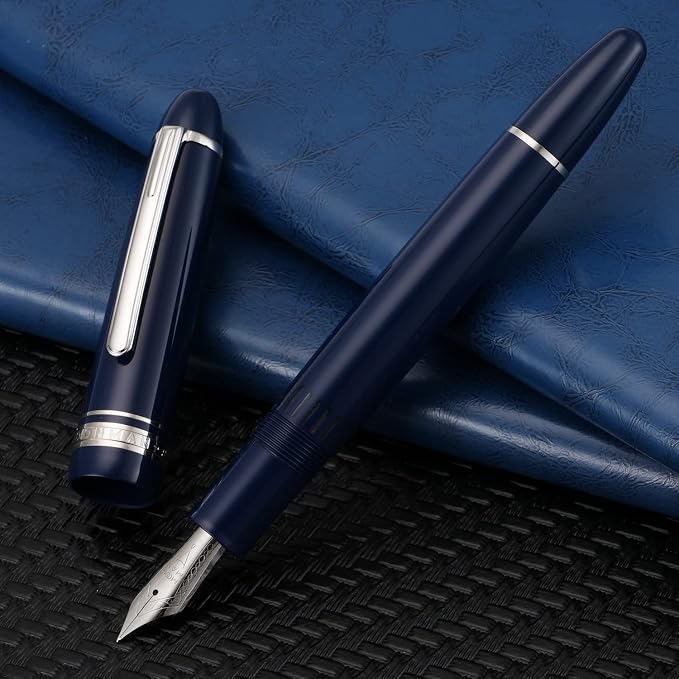 erofa Majohn P136 Piston Fountain Pen 1.1mm Stub Nib with Box, Blue Resin Writing Pen Set