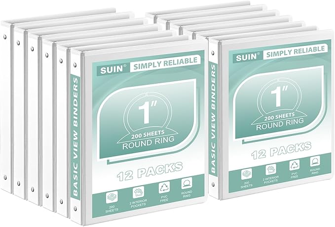 SUIN 1-Inch 3-Ring-Binder, Customizable Clear View Cover, for US Letter Size 8-1/2 x 11'', Perfect for Office/School (White - 12 Packs)