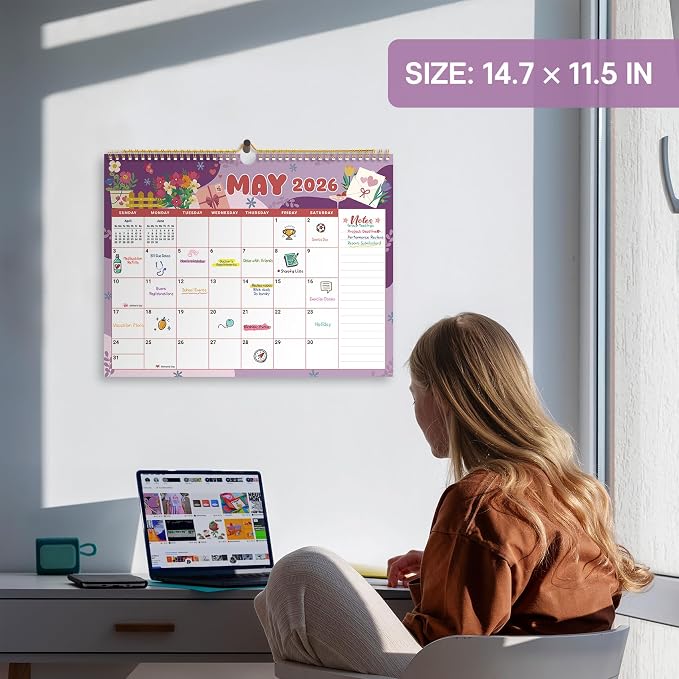 Calendar 2026-2027, 21-Month Wall Calendar Runs Until Jun 2027, 11.5" x 14.7",Large Monthly Calendar with Twin-Wire Binding, Perfect for Home or Office -Watercolor Festival