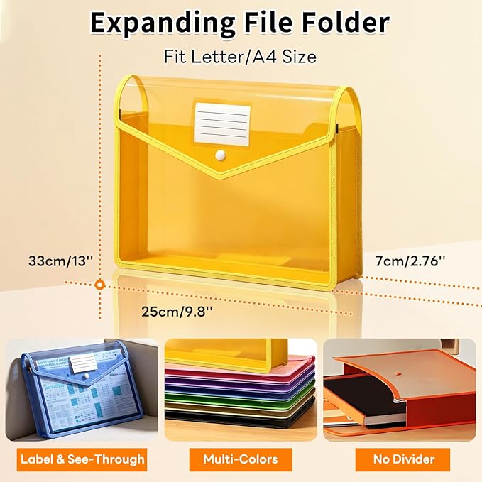 Plastic Expanding File Folder, Transparent Envelopes with Snap Closure | No Dividers, Large Capacity, Assorted Colors, Accordion Folder Organizer for File Folder, Fits Letter / A4 Size, 10 Pack