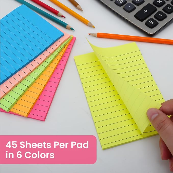 6 Pack 4x6 Lined Sticky Notes, 270 Sheets Super Sticky Memo Pads with Lines | Colorful Self-Stick Notes for Office, School, Teacher Supplies, Study Notes, To Do Lists & Daily Reminders