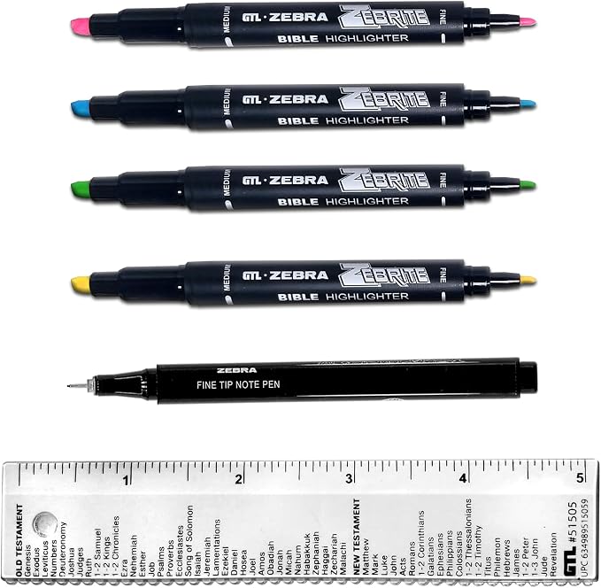 G.T. Luscombe Company, Inc. Zebrite Bible Marking Kit | No Bleed Pigmented Ink | No Fading or Smearing | Double Ended Highlighters, Note Pen & Books of the Bible Ruler/Bookmark (Set of 5 + Ruler)