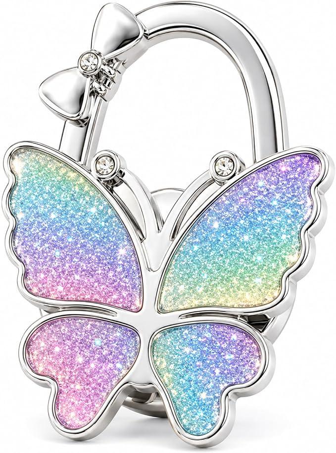 Purse Hook for Table, Foldable Handbag Hanger for Women, Portable Bag Holder with Non-Slip Base, Cute Matte Colorful Glitter Butterfly Purse Table Hook for Restaurant Office Travel Gift