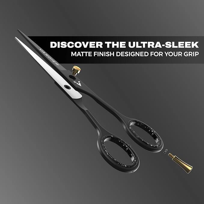 6.5” Hair Cutting Scissors – Professional Stainless Steel Barber Shears with Micro-Serrated Blades, No-Slip Precision Cut – Gift-Boxed with Leather Pouch for Salon & Home (Matte Black)