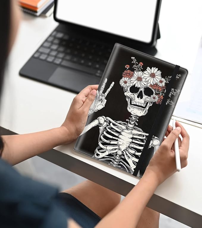 A5 Leather Lined Journal Notebook, 200 Pages Hardcover Executive Notebook for Office School Note Taking, Thick Writing Paper Daily Journal with Bookmarks/Indexes,Skull Skeleton with Flowers