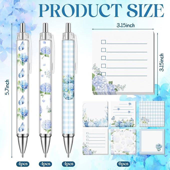 Sabary 18 Pcs Stationery Set, 12 Aesthetic Pens & 6 Sticky Notes, Valentines Gifts, Baby Shower Party, Cute Office School Supplies, Gifts for Women Students Nurses Teachers Coworker(Hydrangea)