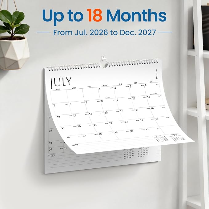 SUNEE 2026-2027 Calendar - 18 Months Wall Calendar Jul. 2026 - Dec. 2027, 14.5"x11.5" Big Grid Hanging Calendar with Note for Organizing & Planning, White