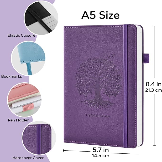 2 Pack Journal Notebook for Women Men, 160 Pages per Pack, A5 (5.7'' x 8.4") Hardcover Journaling Notebook College Ruled for Writing Work, 100GSM Paper, Black & Dark Purple, School Office Supplies