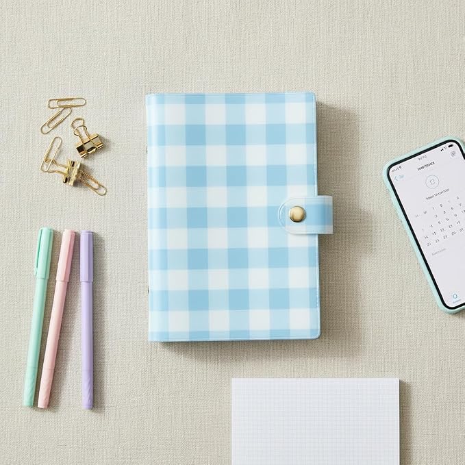 Pearhead Blue Gingham 5x7 Binder Journal with Snap Closure – 1 Inch Round Ring 6 Ring Refillable Notebook – 100 Lined College Ruled Pages, Thick 100 GSM Paper – Small PVC Planner Organizer, Journal Gift For Women
