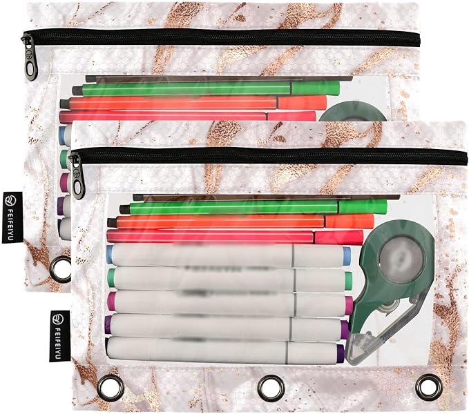 Rose Gold Abstract Marble Pencil Pouch Fits Standard 3-Ring Binders, Zipper Binder Pencil Bag with Clear Window for Office 2 Pack