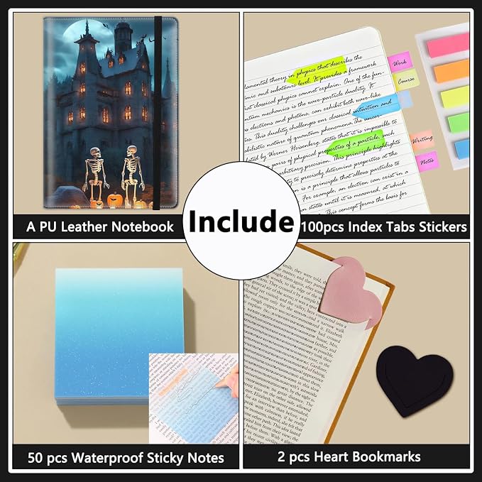 A5 Leather Lined Journal Notebook, 200 Pages Hardcover Executive Notebook for Men Women Office School Note Taking, Thick Writing Paper Daily Journal with Bookmarks/Indexes, Castle Skeleton