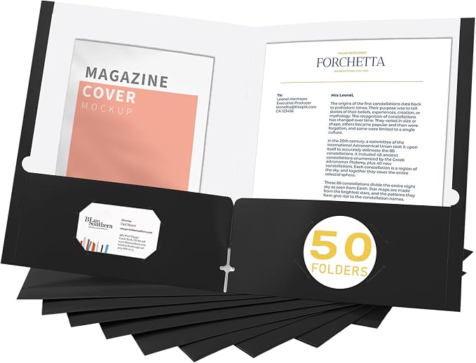 Zzrywuty File folders with Pockets,Black Two folders for documents,50 Pack Paper Folders with Card Slot,Letter Size,School Students,Business,Home and Office Workers