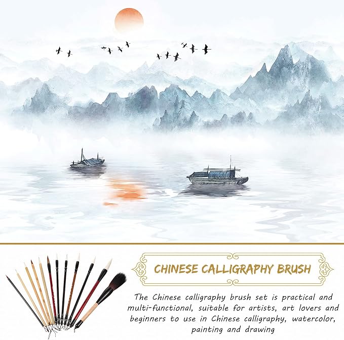 12 Pieces Chinese Calligraphy Brush Set with Sumi Watercolor | Roll-Up Bamboo Holder, Japanese Kanji Writing, Ink Painting, Goat Hair Tips, Beginner Artist Kit