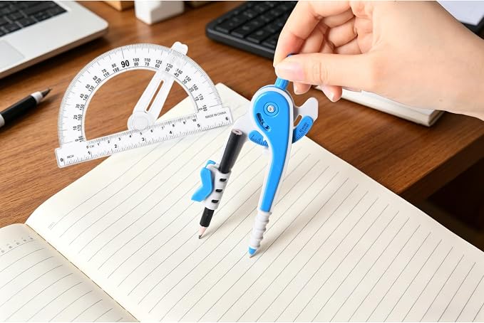 Vobou Compass and Protractor Set, 6 Inch Protractor with Swing Arm (Blue) | Compasses for Math for Drafting, Sharpener, Eraser and 180 Degree 6 Inch Clear Protractor, Easy Grip, School Supplies