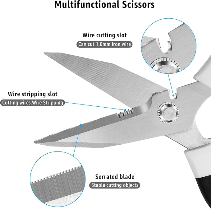 BoFuYuan Utility Scissors All Purpose heavy duty 8-Inch White | Comfort Grip, Sharp Serrated Blades Cutting Carpet Cardboard Wire Fabric, Multipurpose Shears for Kitchen Garden Office Craft