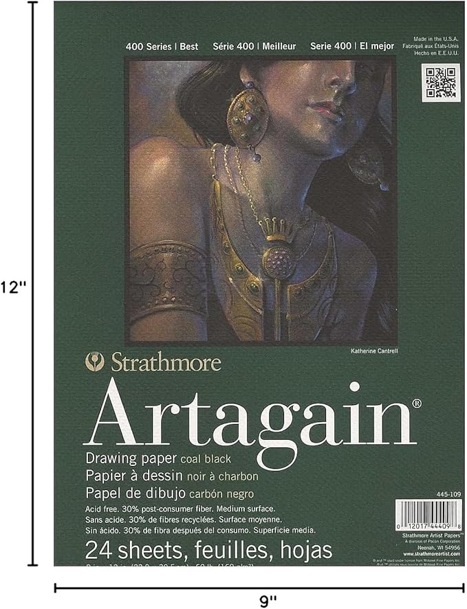 Strathmore 400 Series Artagain Pad, Coal Black Paper, Glue Bound, 9x12 inches, 24 Sheets - Artist Paper for for Adults and Students, Pastel & Charcoal