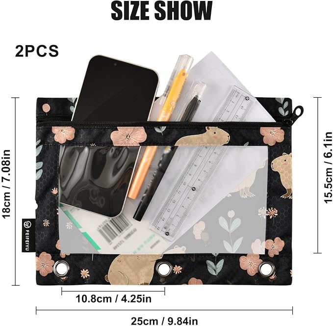 Gredecor Binder Pencil Pouch 3 Ring Capybara with Flowers Daisy Zipper Pencil Pouches Case 2 Pack Clear Binder Organizer for School Office